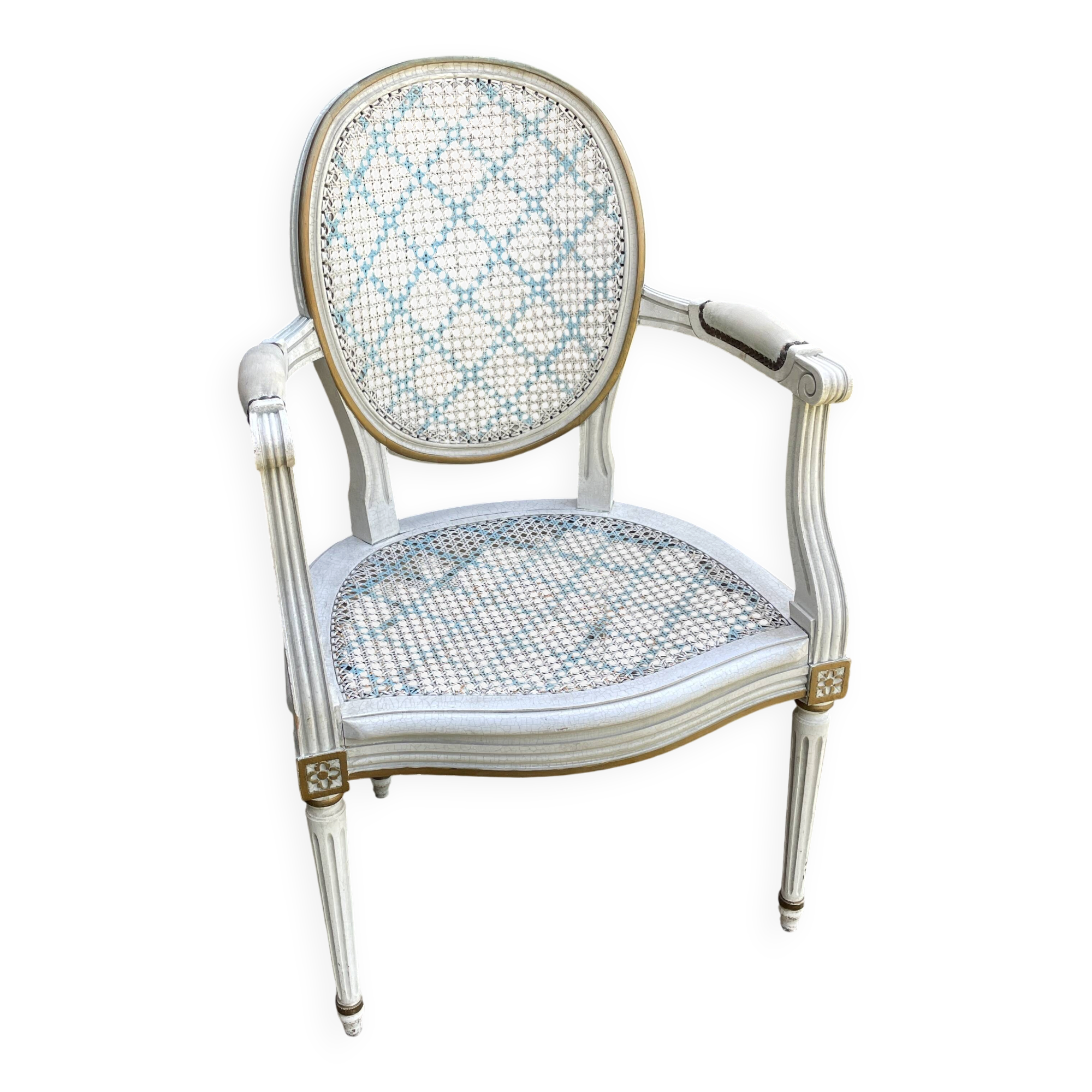 White and blue caned medallion armchair Louis XVI