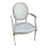 White and blue caned medallion armchair Louis XVI