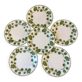 Lot de 6 assiettes à dessert en Terre de Fer Digoin Sarreguemines modèle "Géranium" vert, fin XIXème