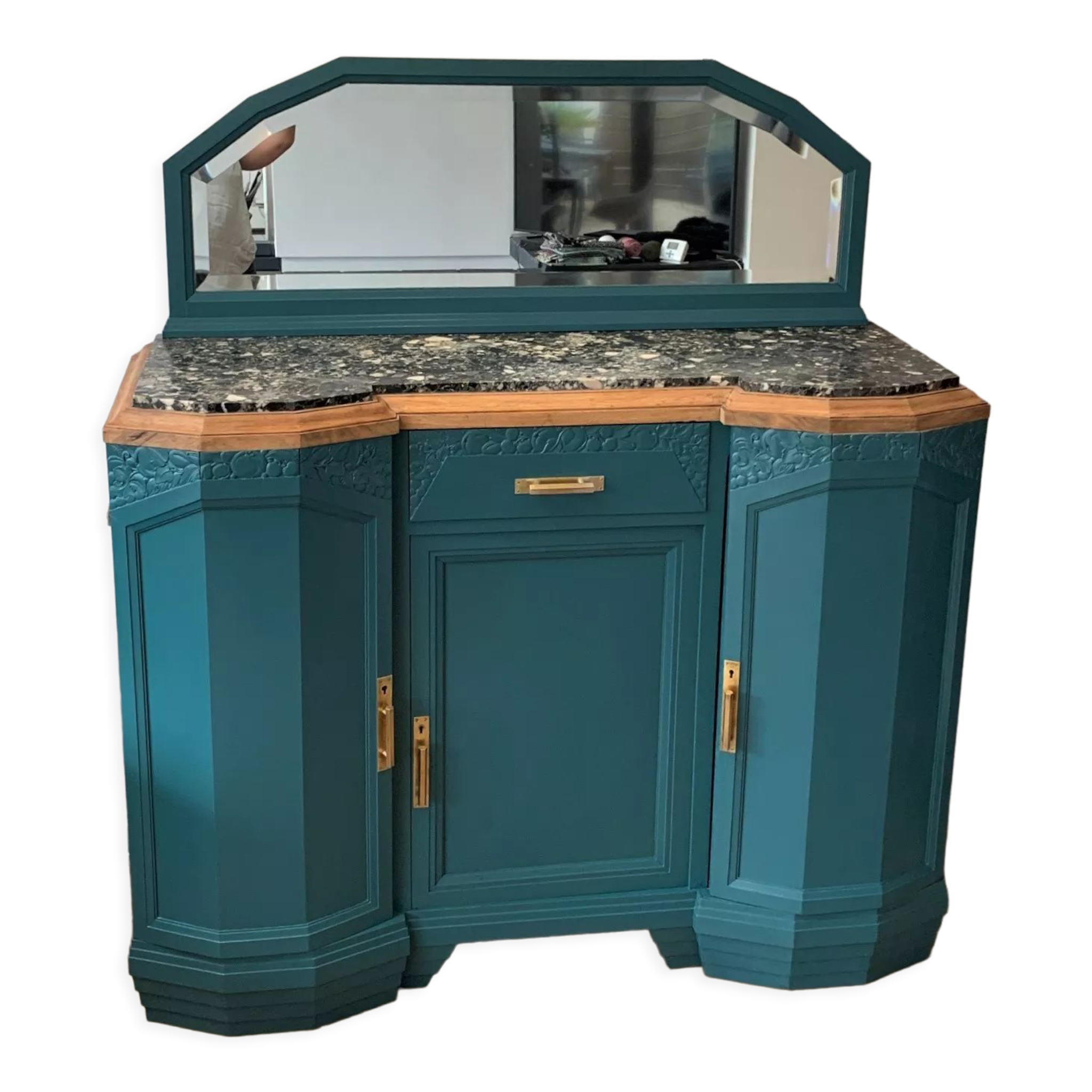 Art deco sideboard restyled blue green duck, marble top, brass handles, vintage shabby chic