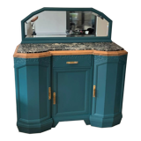 Buffet art deco relooké bleu vert canard, dessus marbre, poignées laiton, vintage shabby chic