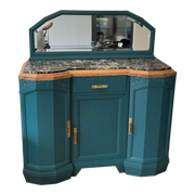 Art deco sideboard restyled blue green duck, marble top, brass handles, vintage shabby chic