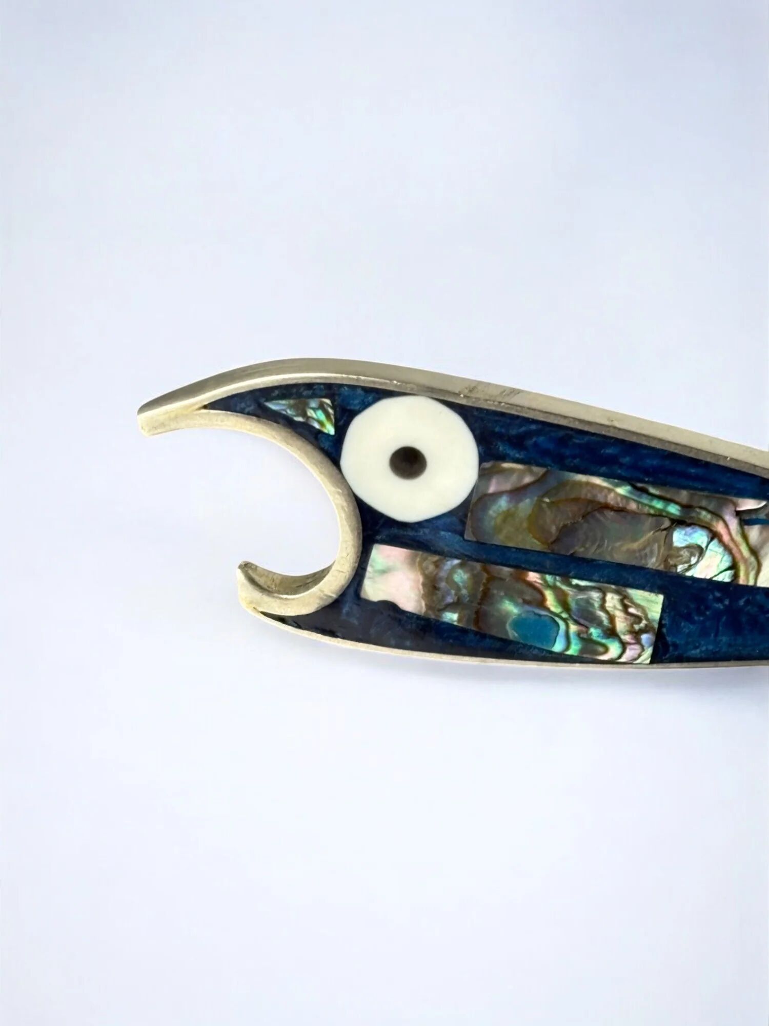 Fish bottle opener, abalone shell & alpaca, Mexico, 1980s