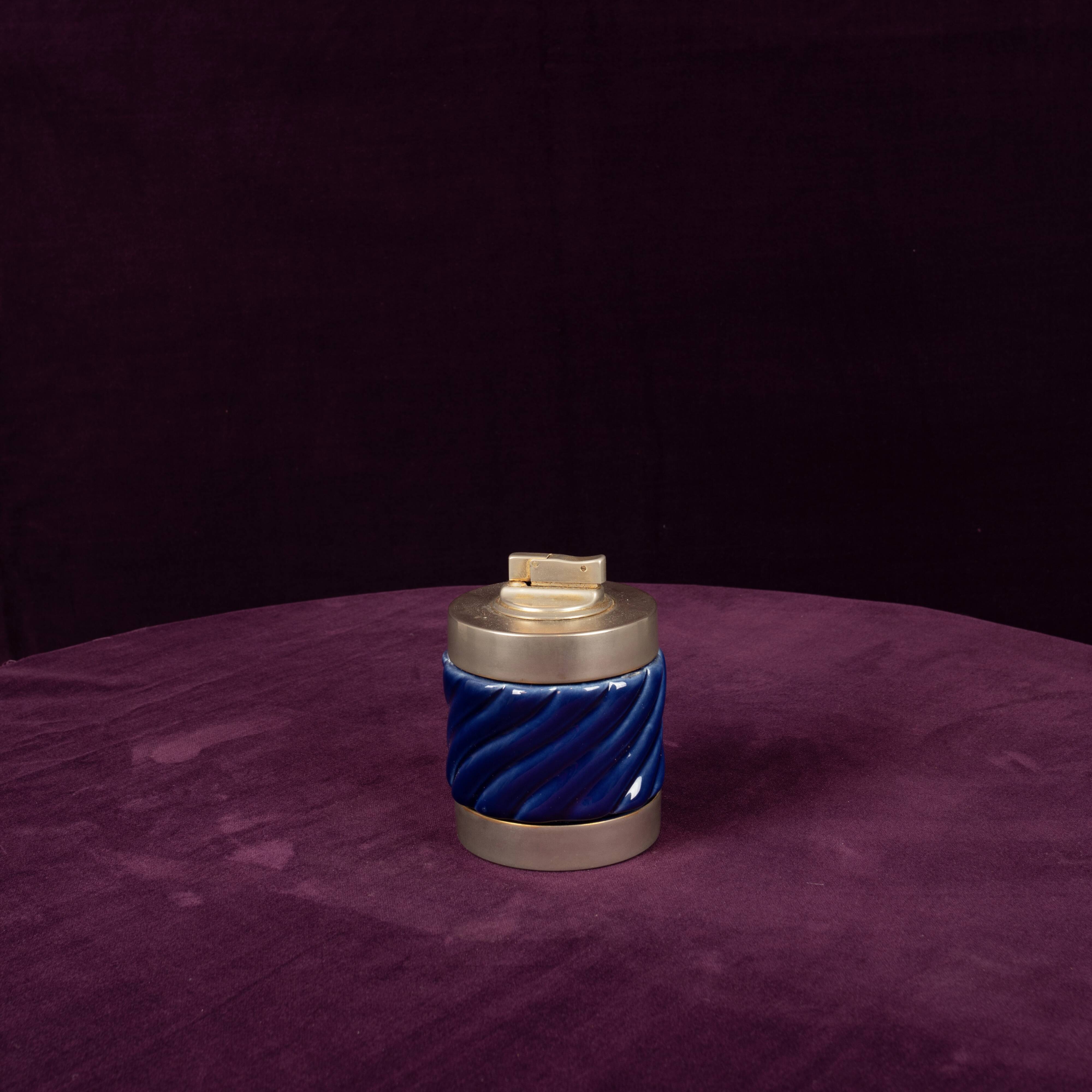 Tommaso Barbi Blue Glazed Ceramic and Brass-Toned Metal Table Lighter, 1970
