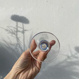 6 clear champagne flutes with blue stems, designer style