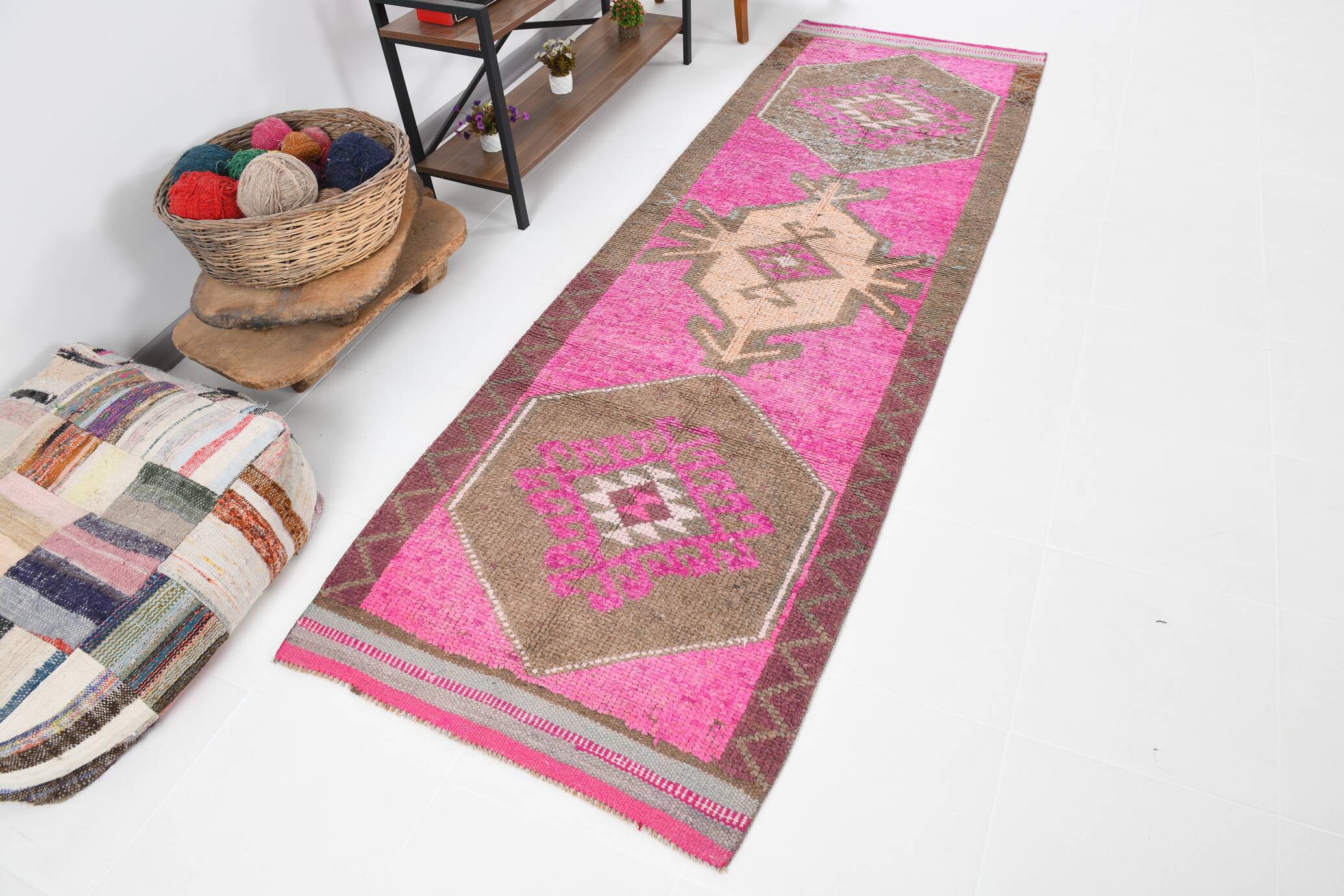 Pink Brown Vintage Runner Rug 94x299Cm