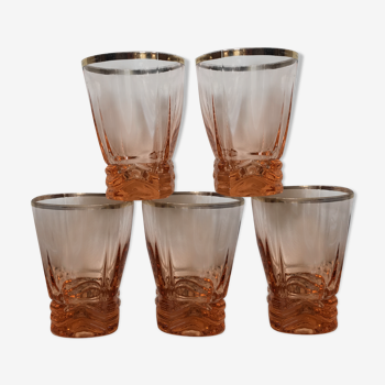 Lot de 5 verres fumés rose et dorés en verre ciselé