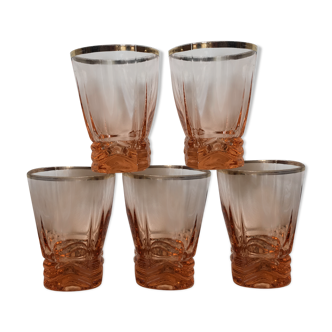 Lot de 5 verres fumés rose et dorés en verre ciselé