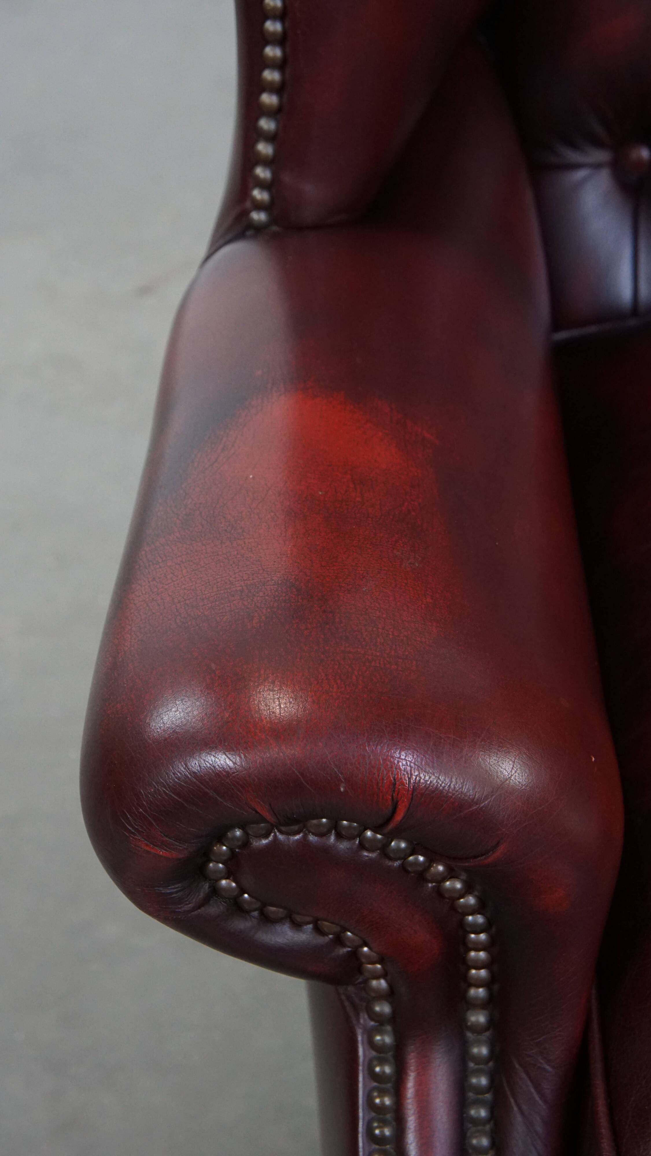 Red Cowhide Leather English Chesterfield Wingback Chair
