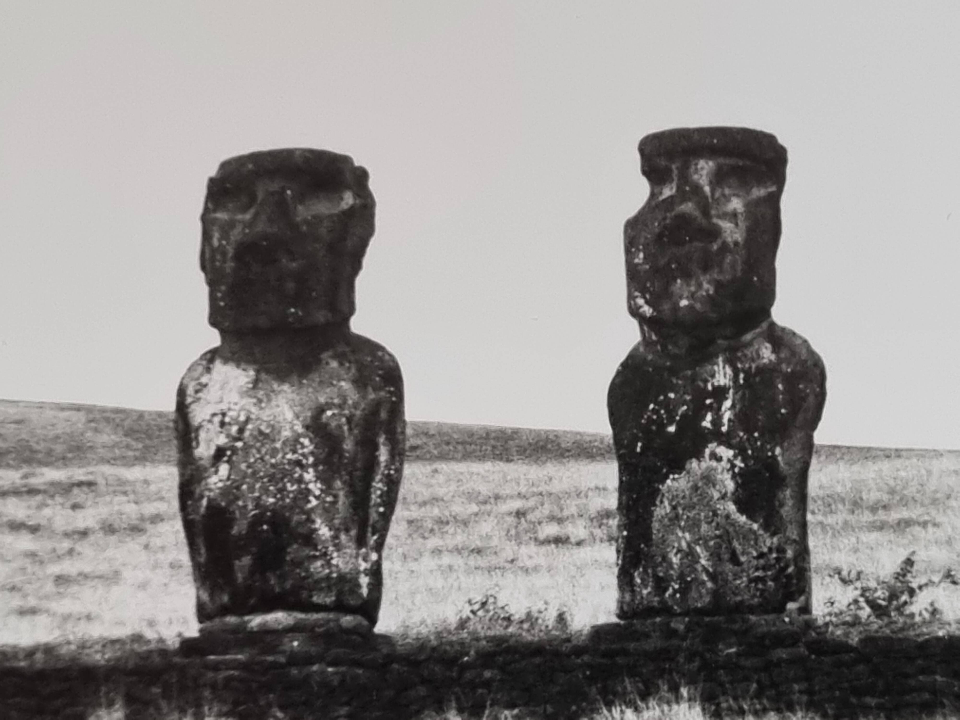 Vintage framed silver print, Moais of Easter Island, ethnological mission from 1970