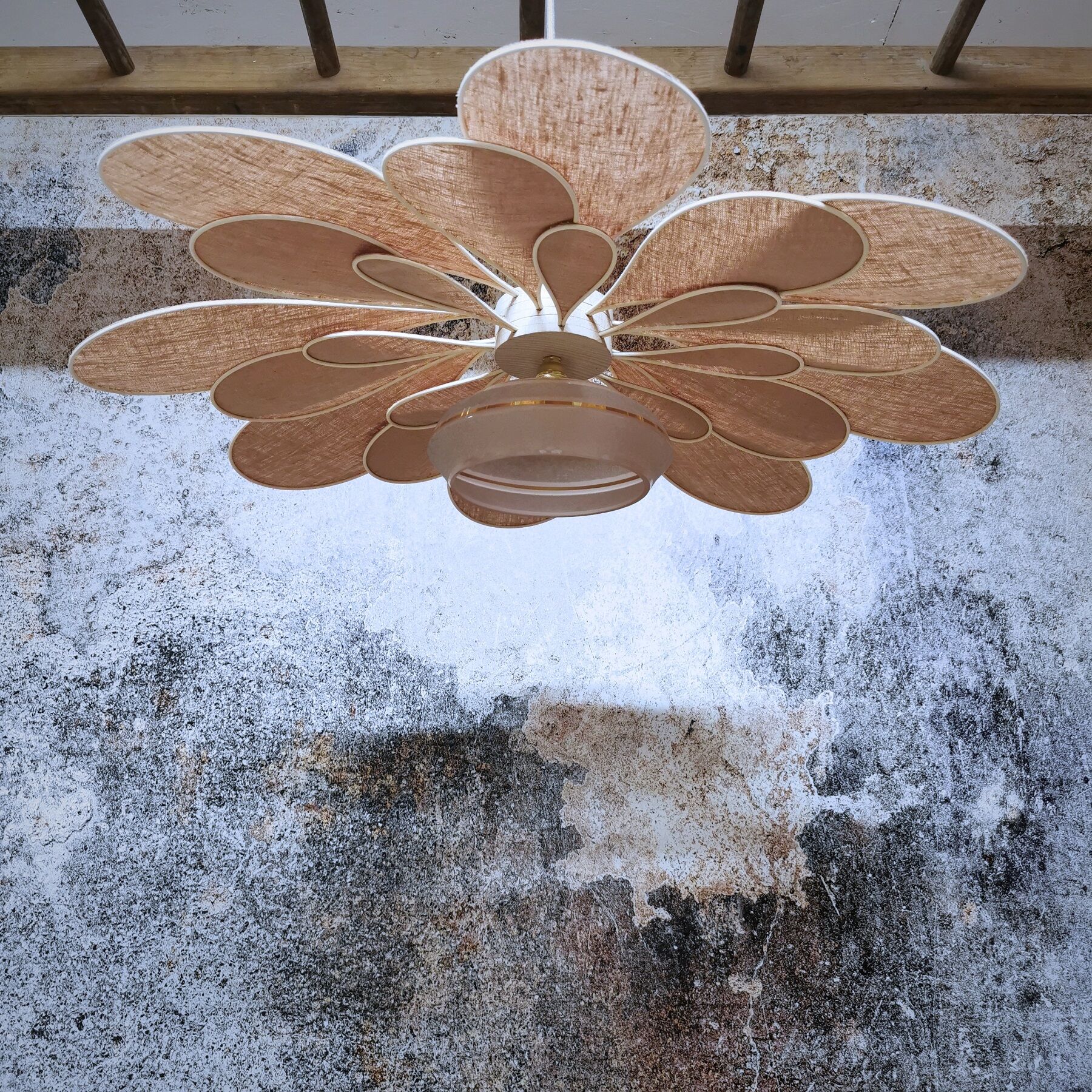 Vintage antique globe pendant lamp and linen and rattan petals