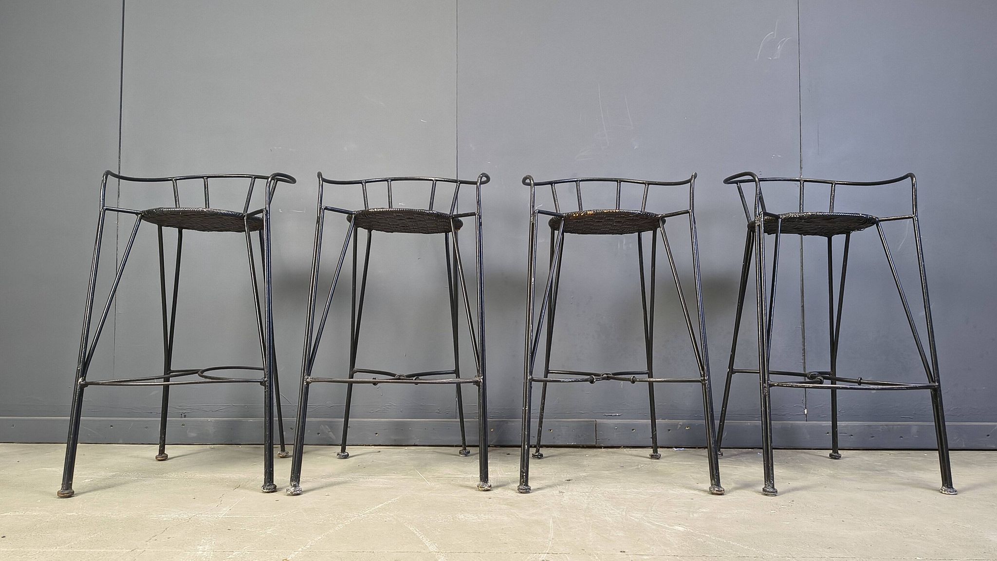 Tabourets de bar vintage en fer forgé et rotin, ensemble de 4 - années 1970