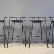 Tabourets de bar vintage en fer forgé et rotin, ensemble de 4 - années 1970
