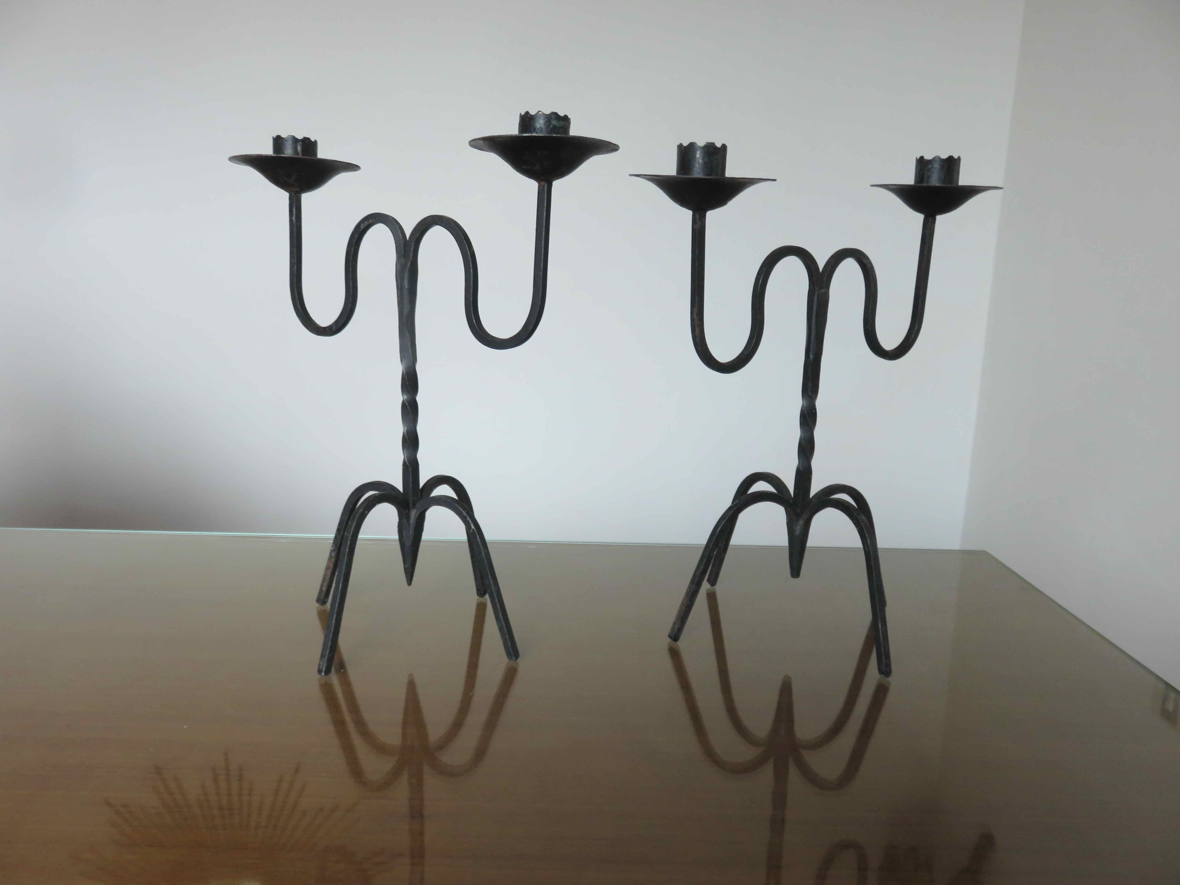 Pair of black wrought iron brutalist candlesticks 50s 60s