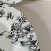 Set of black and white plates in the style of toile de Jouy.