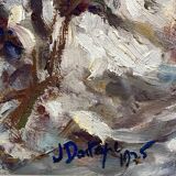 Old signed painting, path under the snow, Vienne, Dauphiné