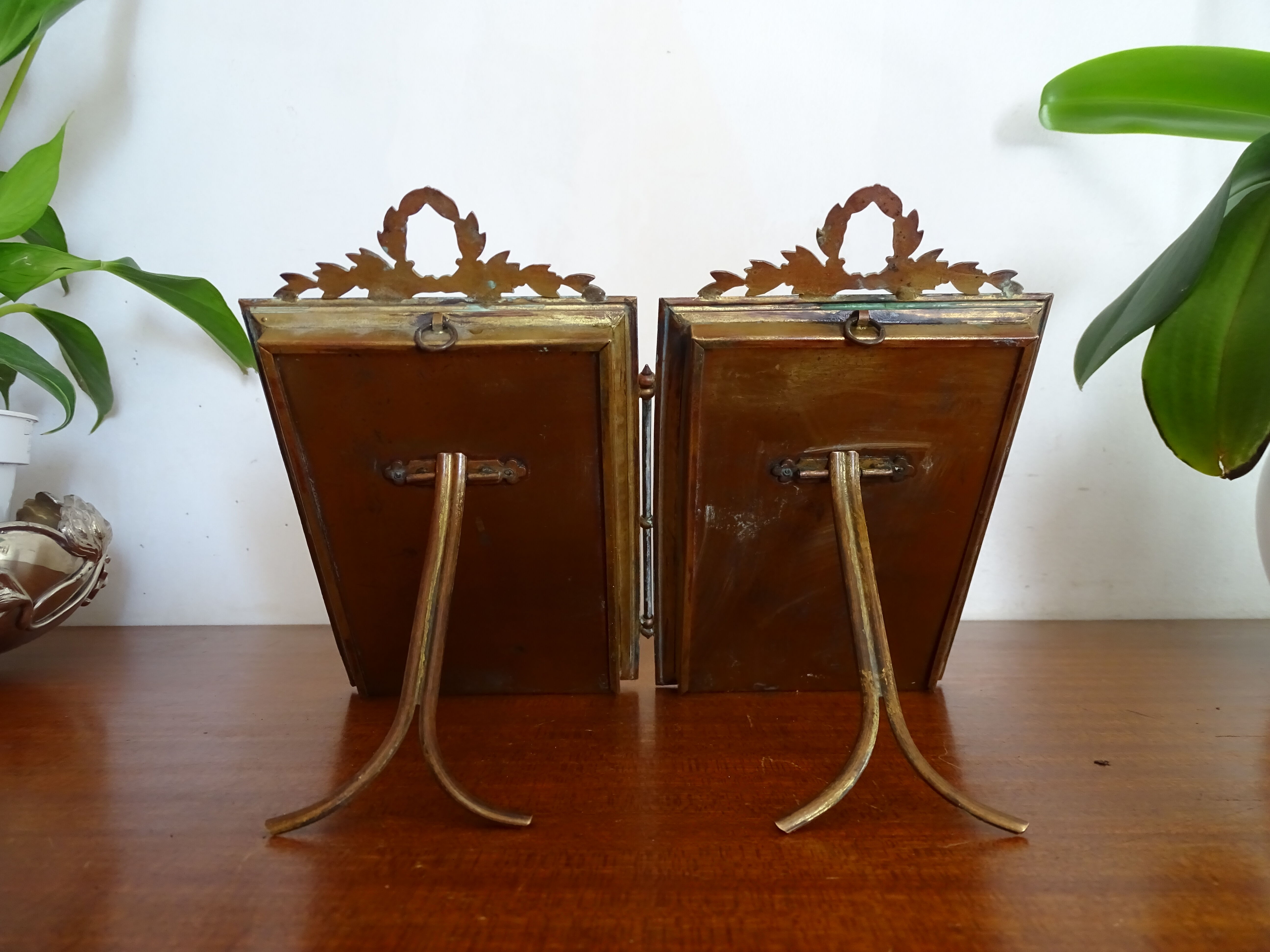 Double cadre photo diptyque bronze doré et laiton style Louis XVI - XIXème
