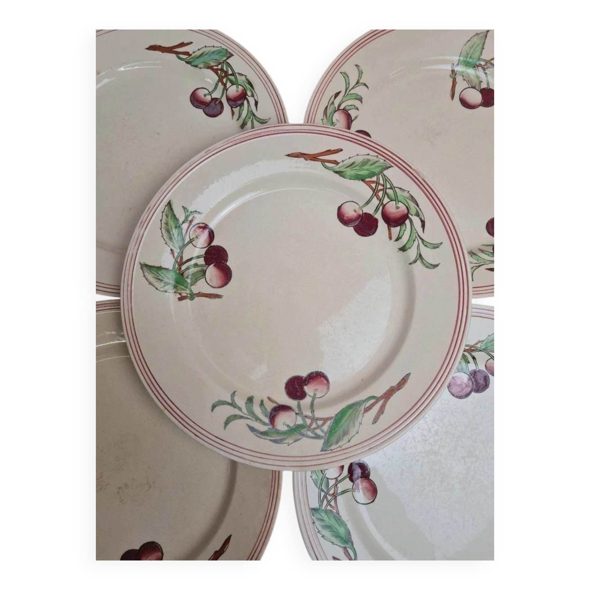 Set of 6 flat plates Boch La Louvière Belgium model 2460 with polychrome cherry decoration.