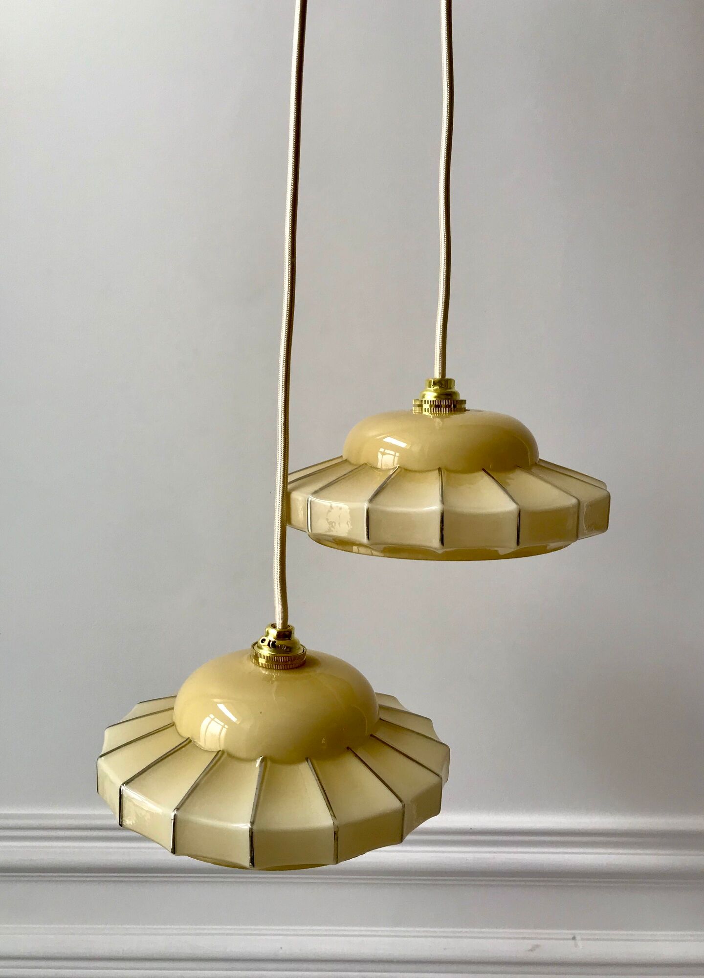 Pair of suspensions in opaline glass cream and silver border art deco 30s