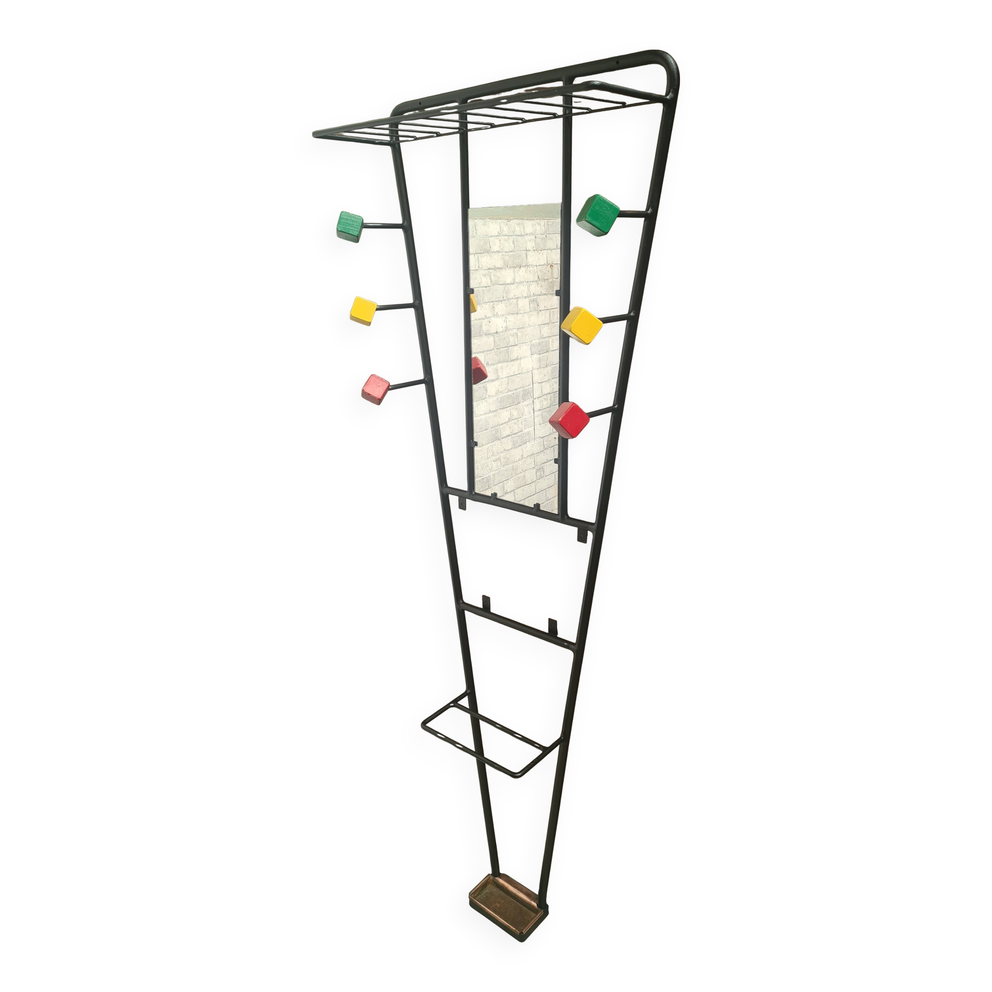 1950s metal and wood wall coat rack with mirror and umbrella stand
