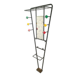 1950s metal and wood wall coat rack with mirror and umbrella stand