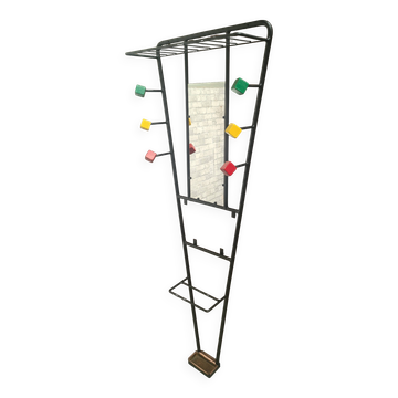 Porte-manteaux mural en métal et bois avec miroir et porte-parapluie 1950
