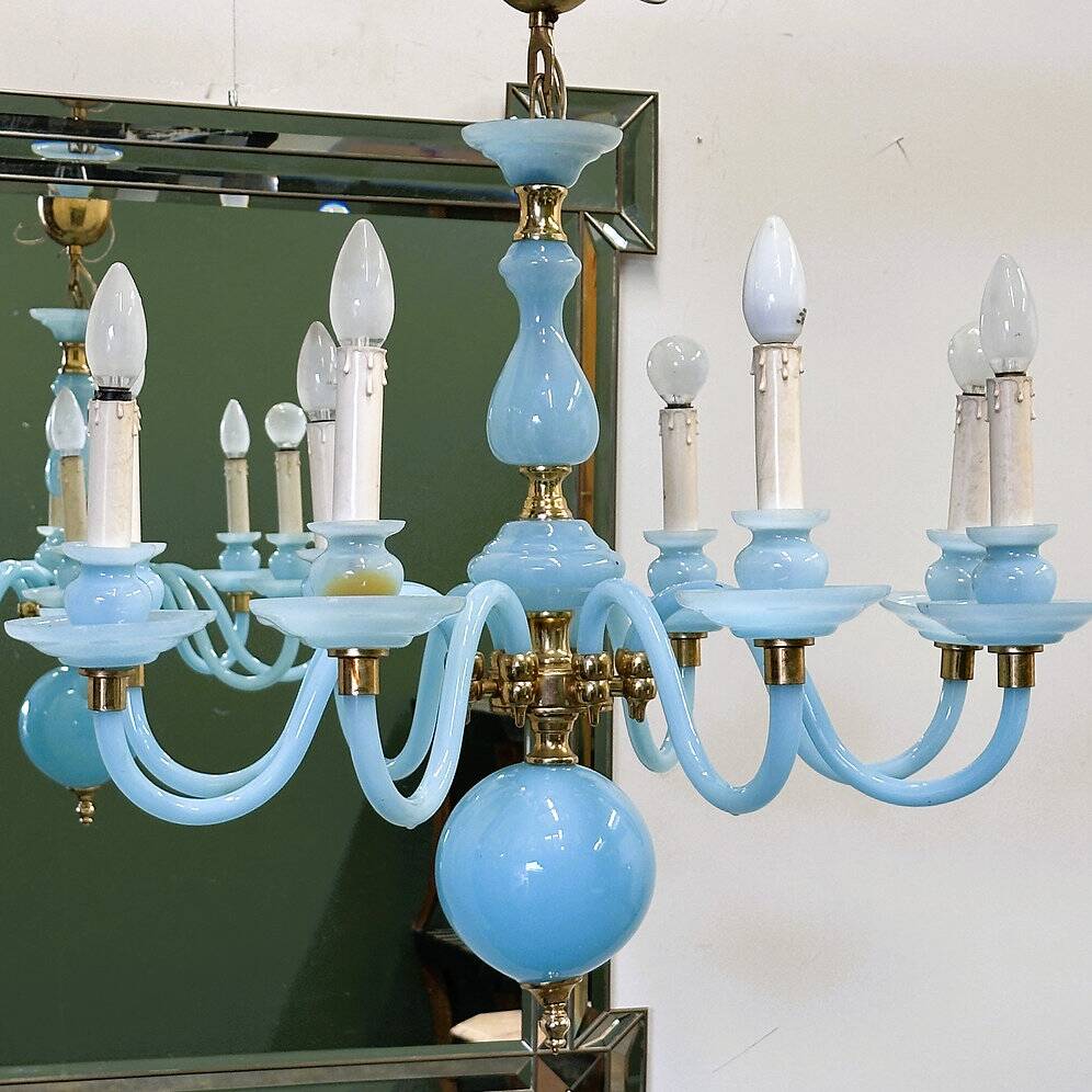 Statement French blue opaline glass chandelier with brass accents, 1960s