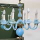 Statement French blue opaline glass chandelier with brass accents, 1960s