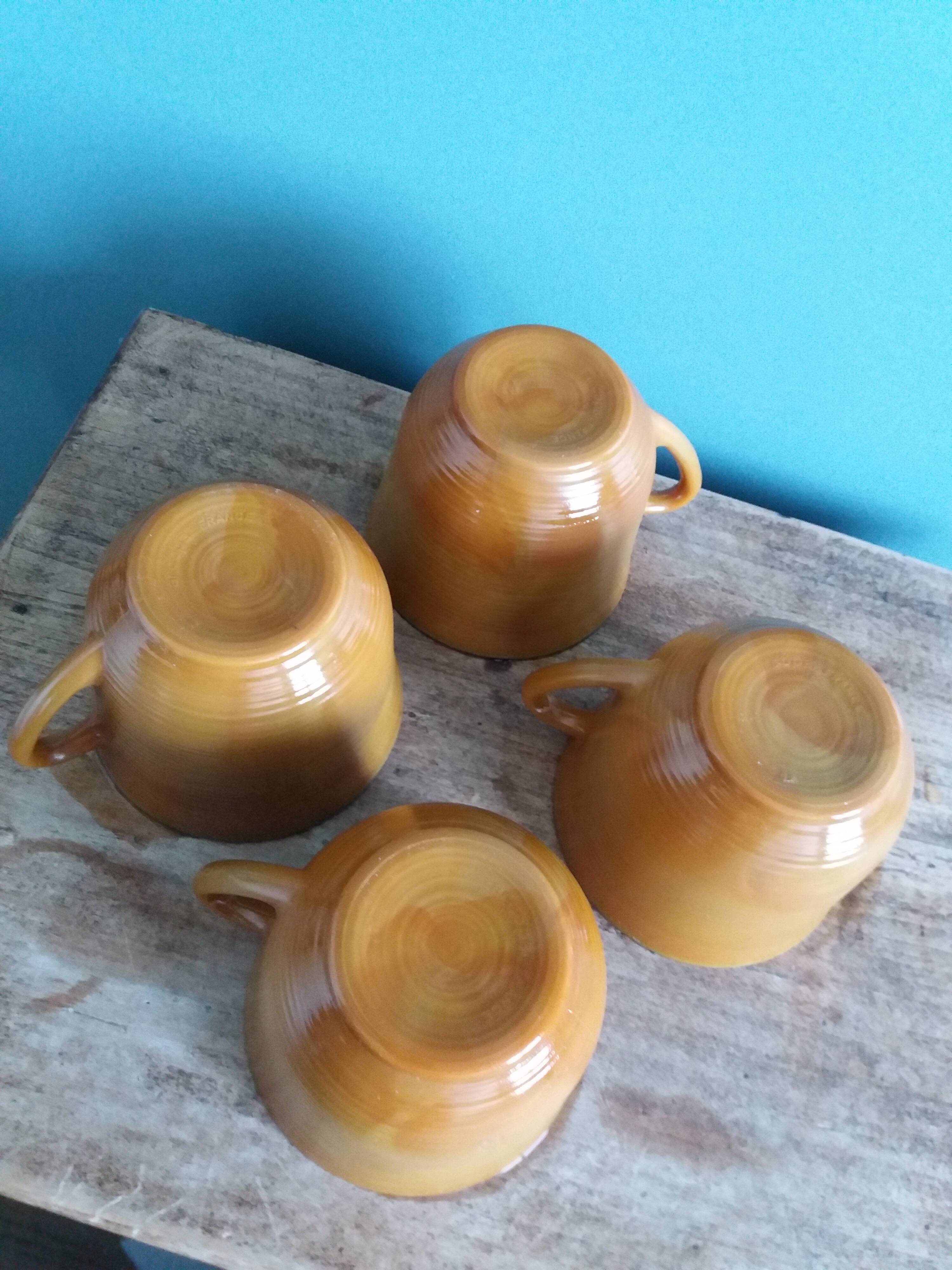 Large Arcopal France Volcan model mugs from 1970, caramel mustard