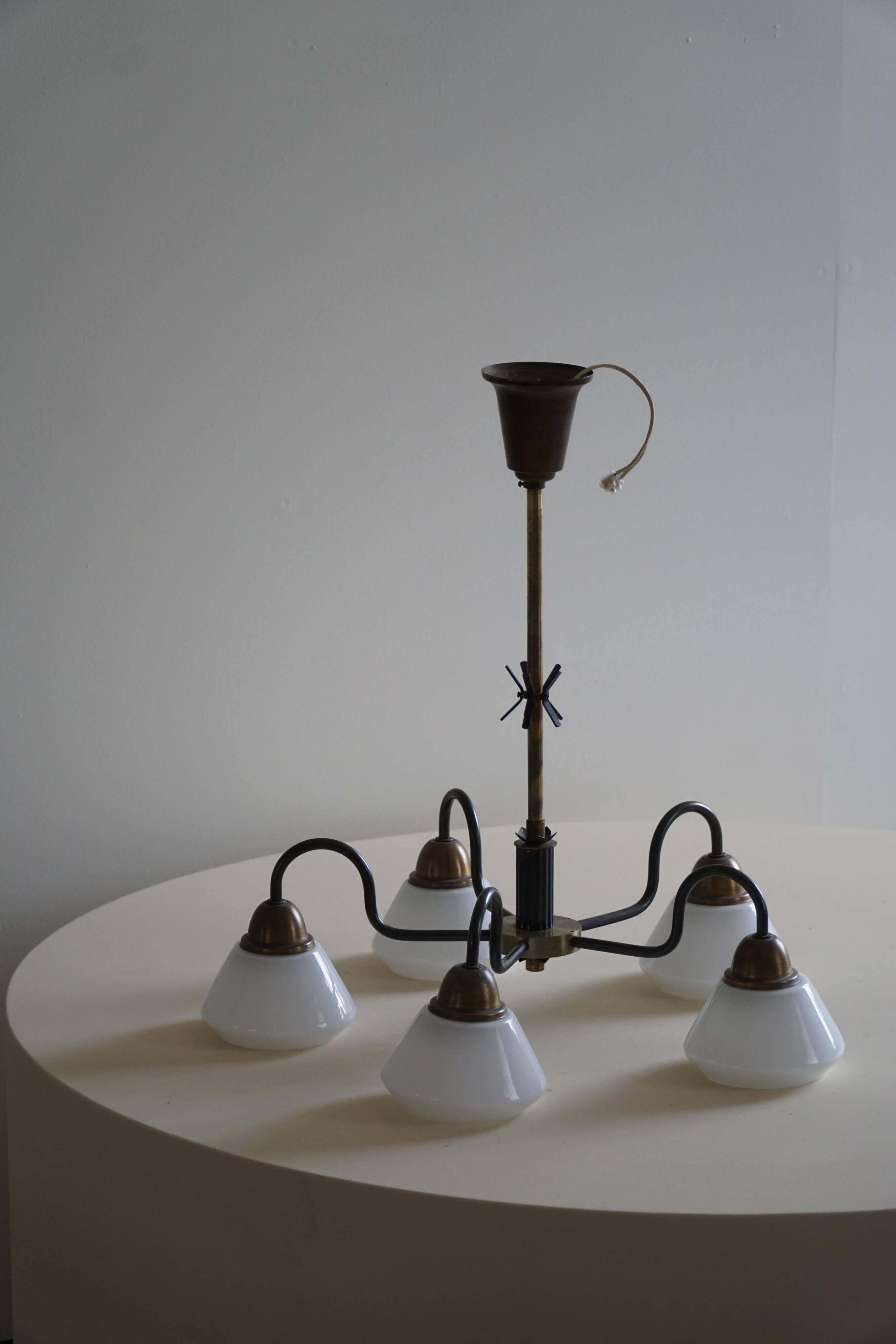 A modern Danish chandelier with 5 heads in opaline glass and brass, Art Deco, 1940s.