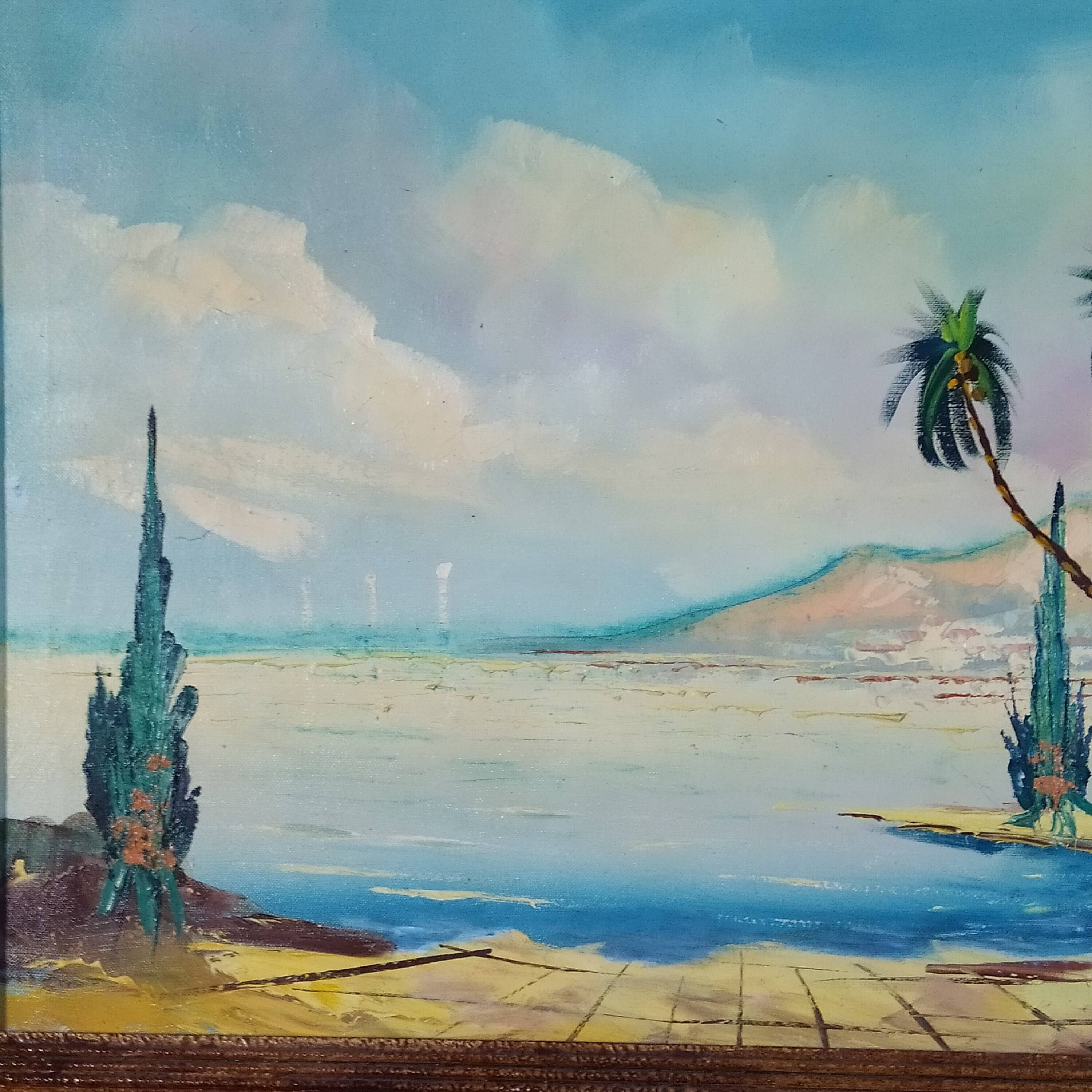huile sur toile 1950 signée Lutz paysage côtier