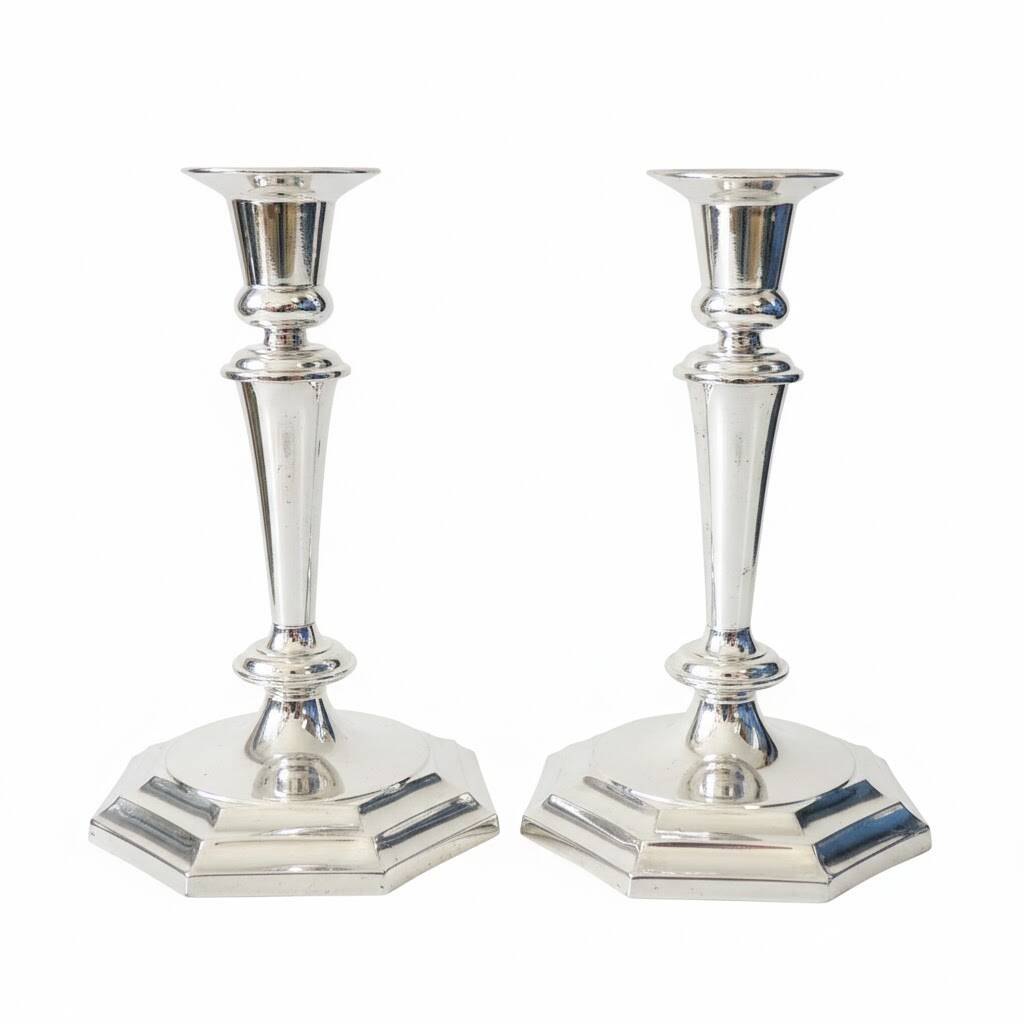 Paire de bougeoirs en métal argenté