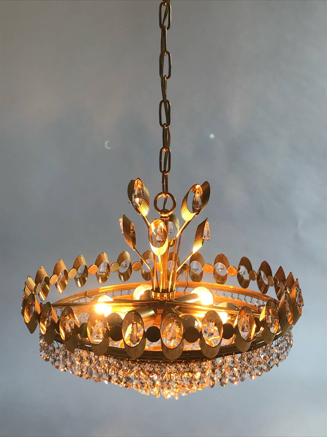 Hollywood Regency style brass and crystal chandelier by Palwa