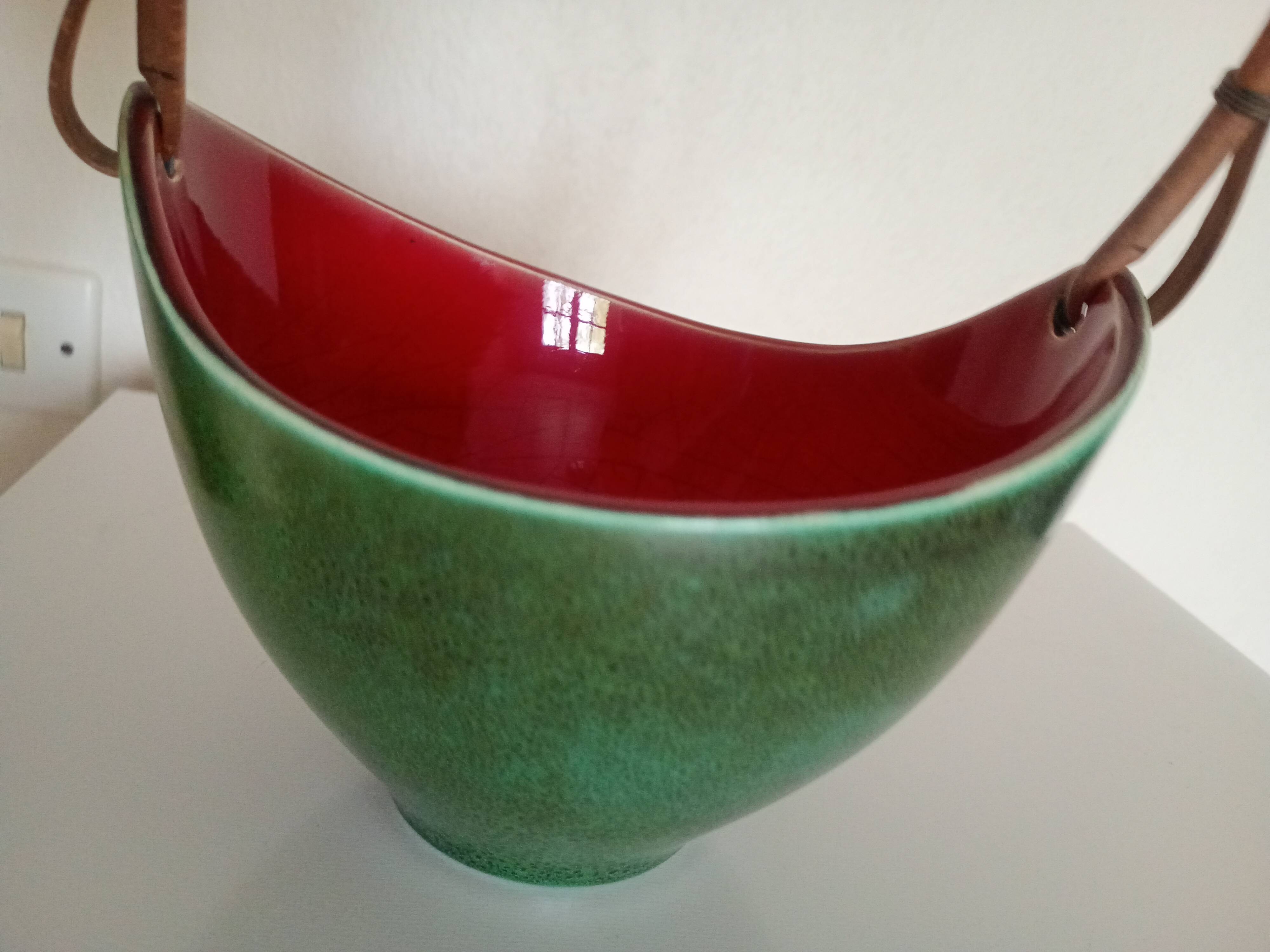 Leon elchinger soufflenheim - red and green ceramic fruit basket with handle