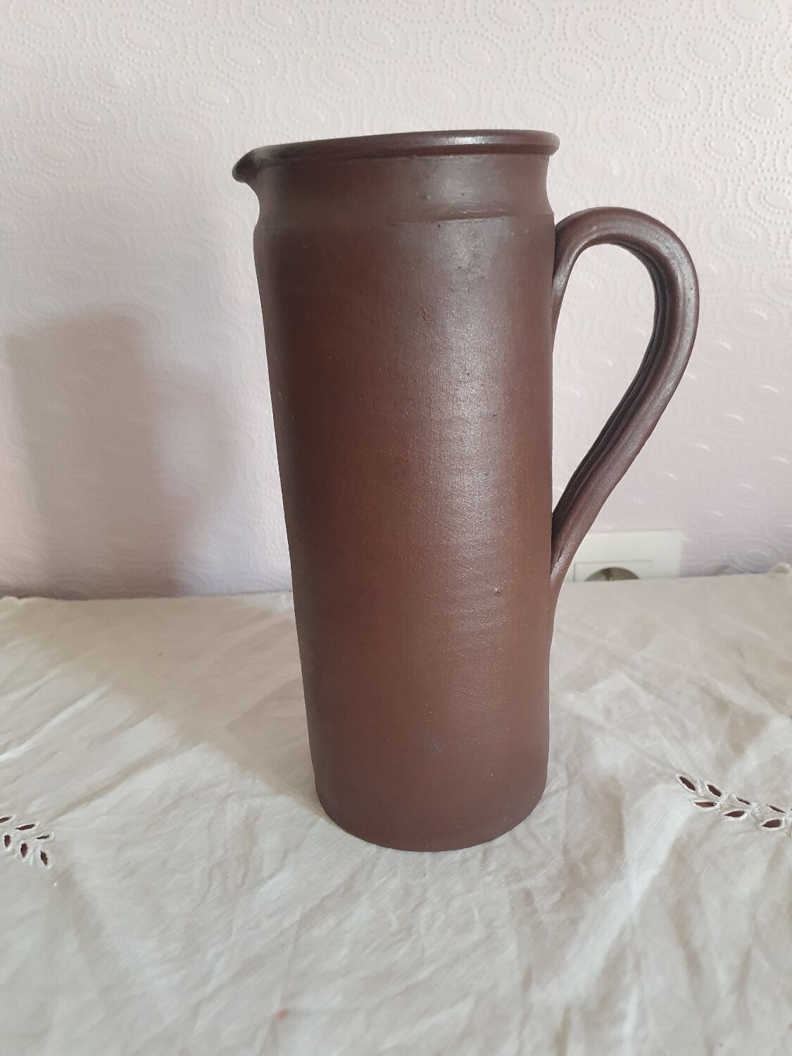 Vintage enameled stoneware pitcher signed