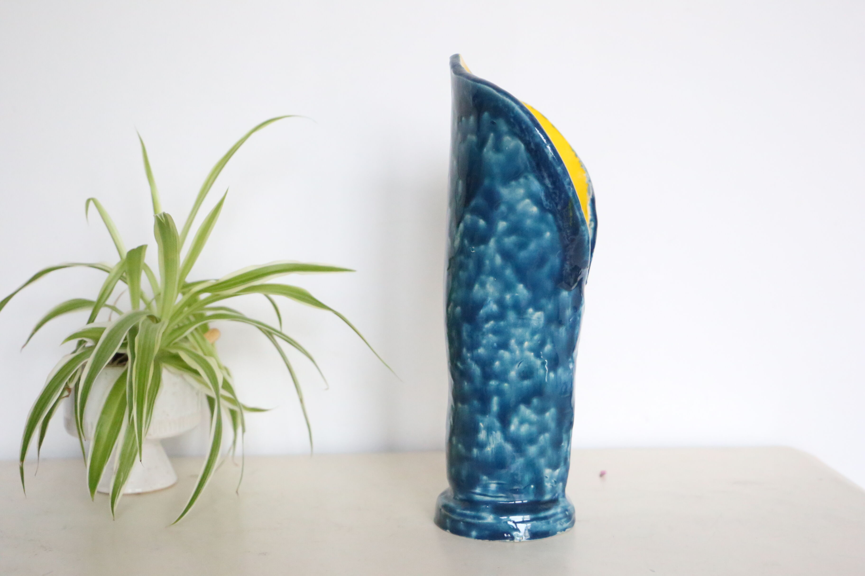 Handmade ceramic vase, glazed blue and yellow, vintage