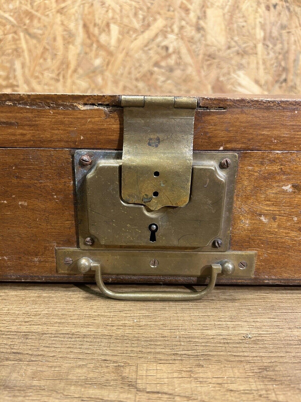 Old wood and brass box, decoration loft workshop, furniture of trades