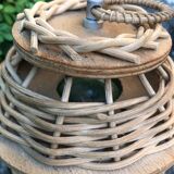 Old ratan table lamp, rattan and blown glass.