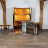 Suede and chrome dry bar with barstools in cognac by Willy Rizzo, Italy 1970s