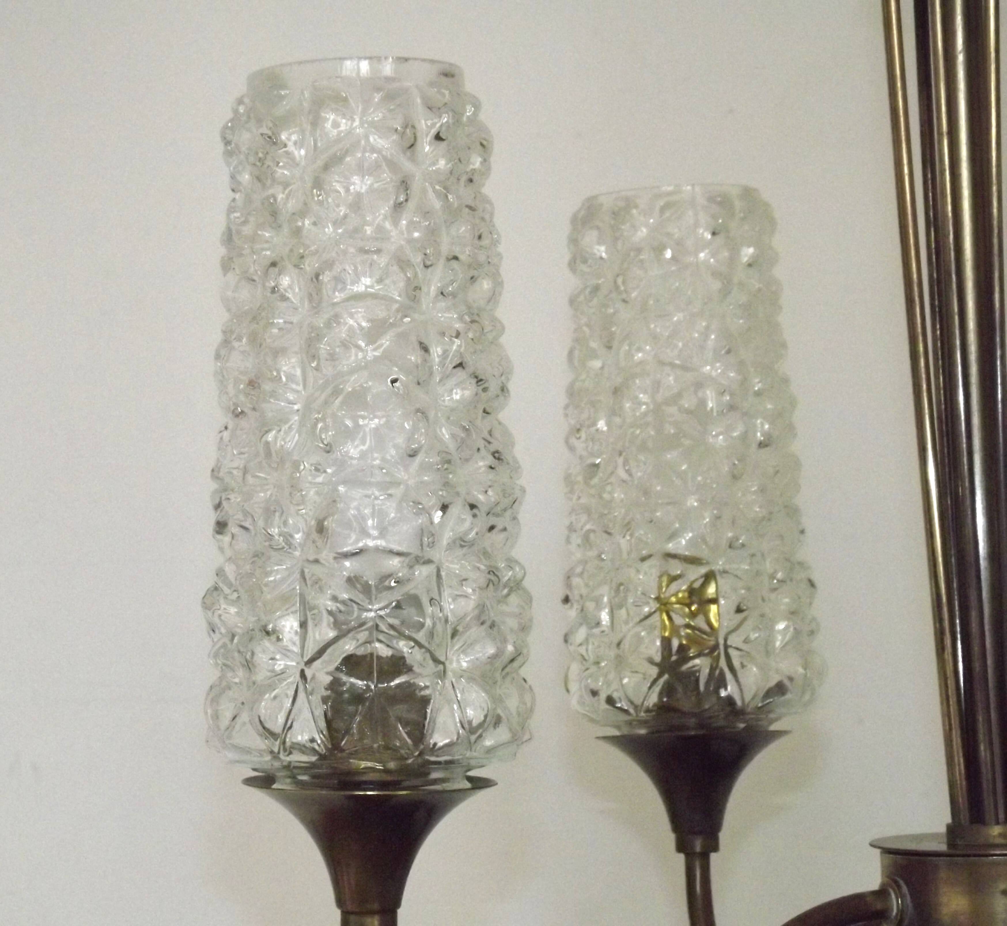 French vintage retro chandelier with 4 lights in brass and bronze with cut glass shades.