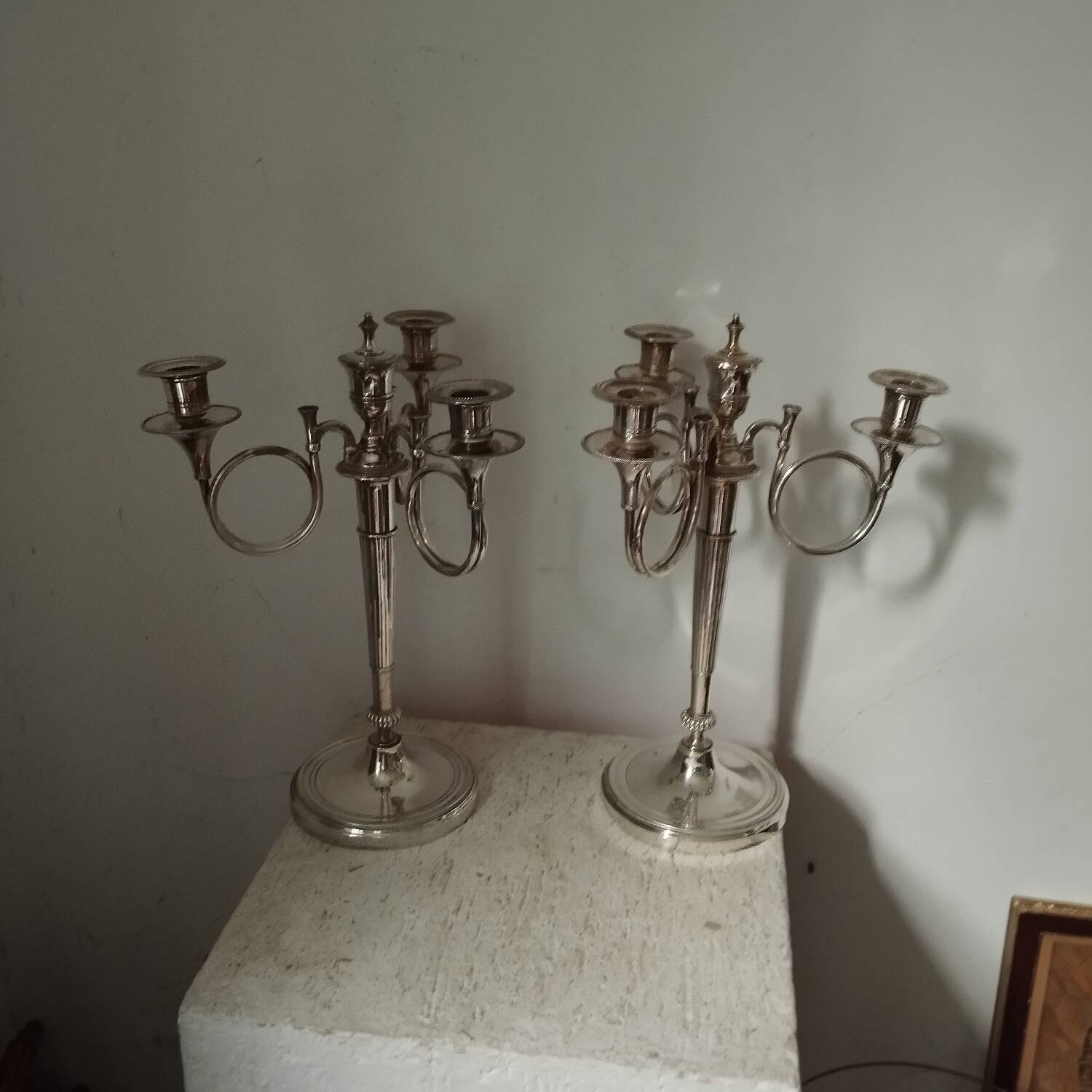 2 candelabra candlesticks hunting horn silver metal