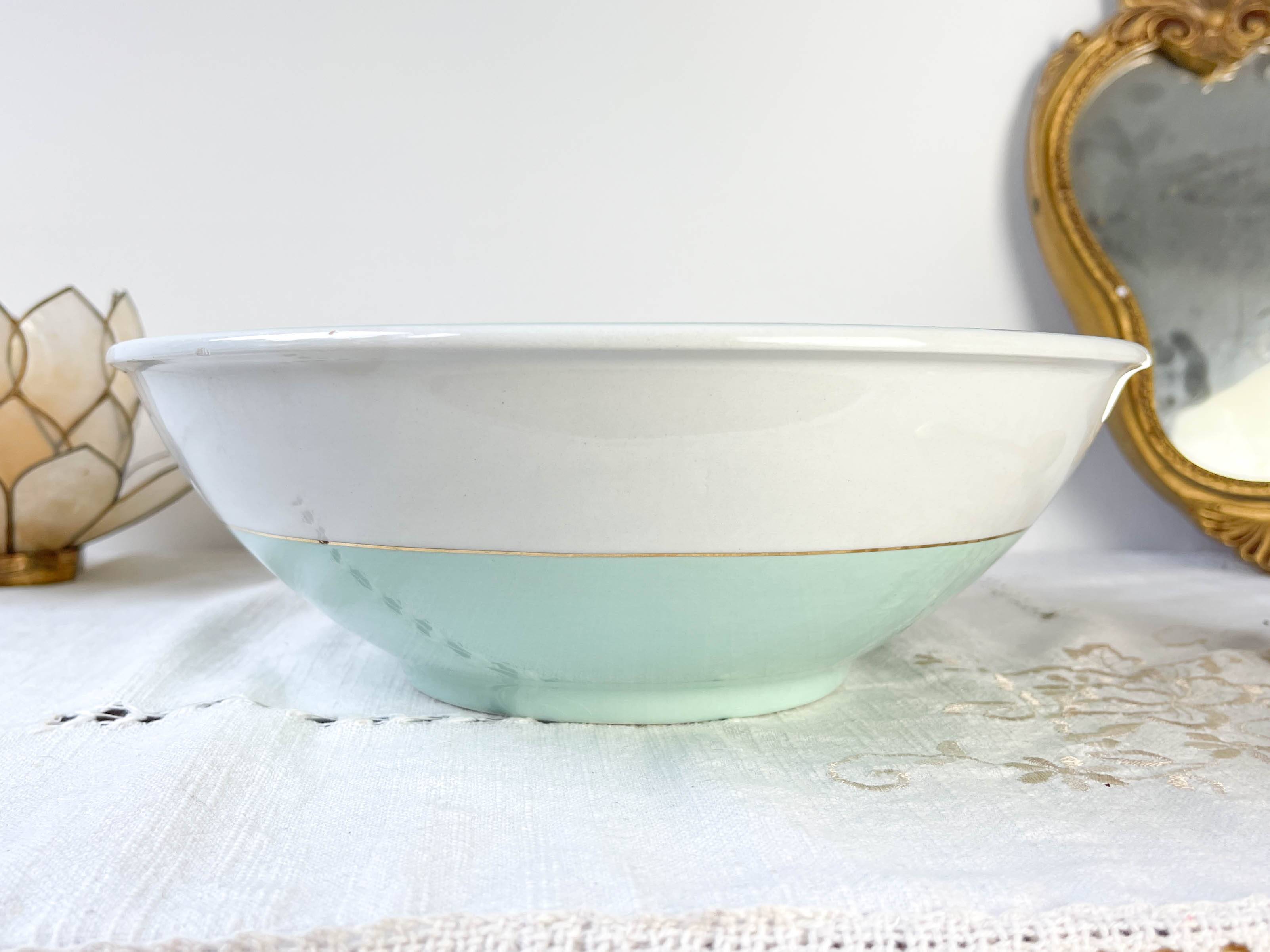 Vintage white and green porcelain salad bowl, Luneville, Epinay, France, 1950s