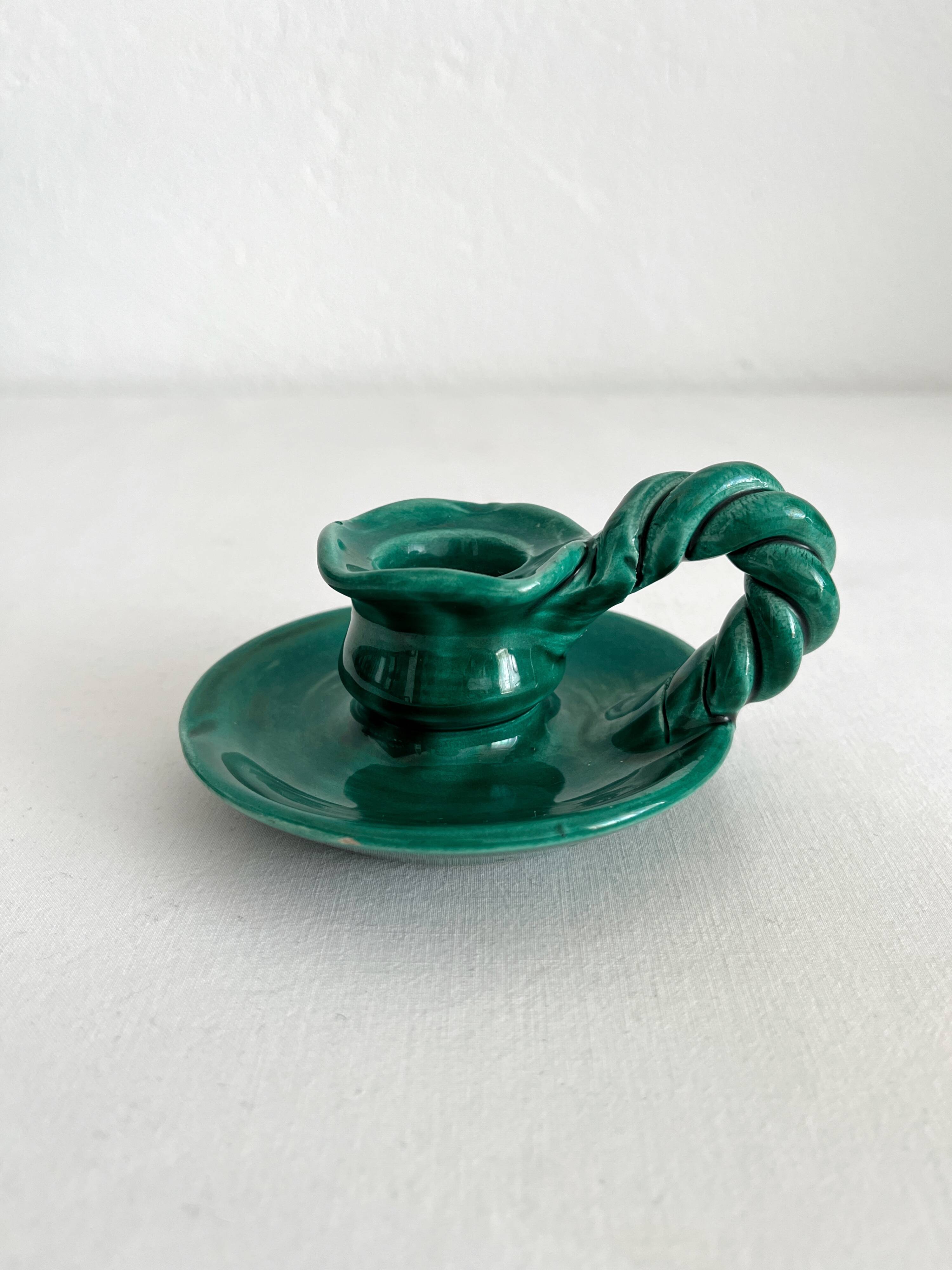 Vintage green ceramic candle holder with twisted handle