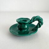 Vintage green ceramic candle holder with twisted handle