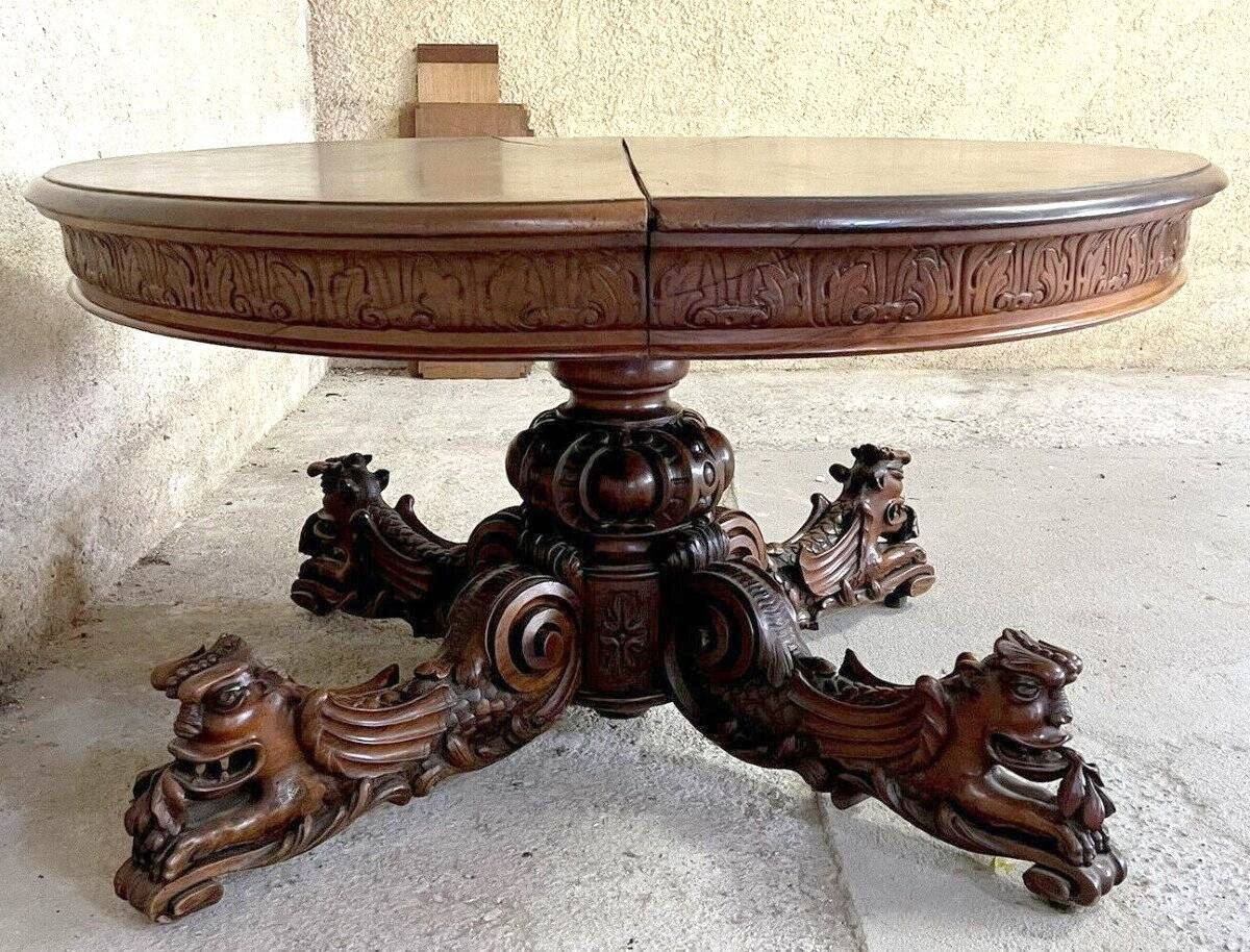 Immense Table A Allonges Style Renaissance En Noyer Massif ( 504 Cm )