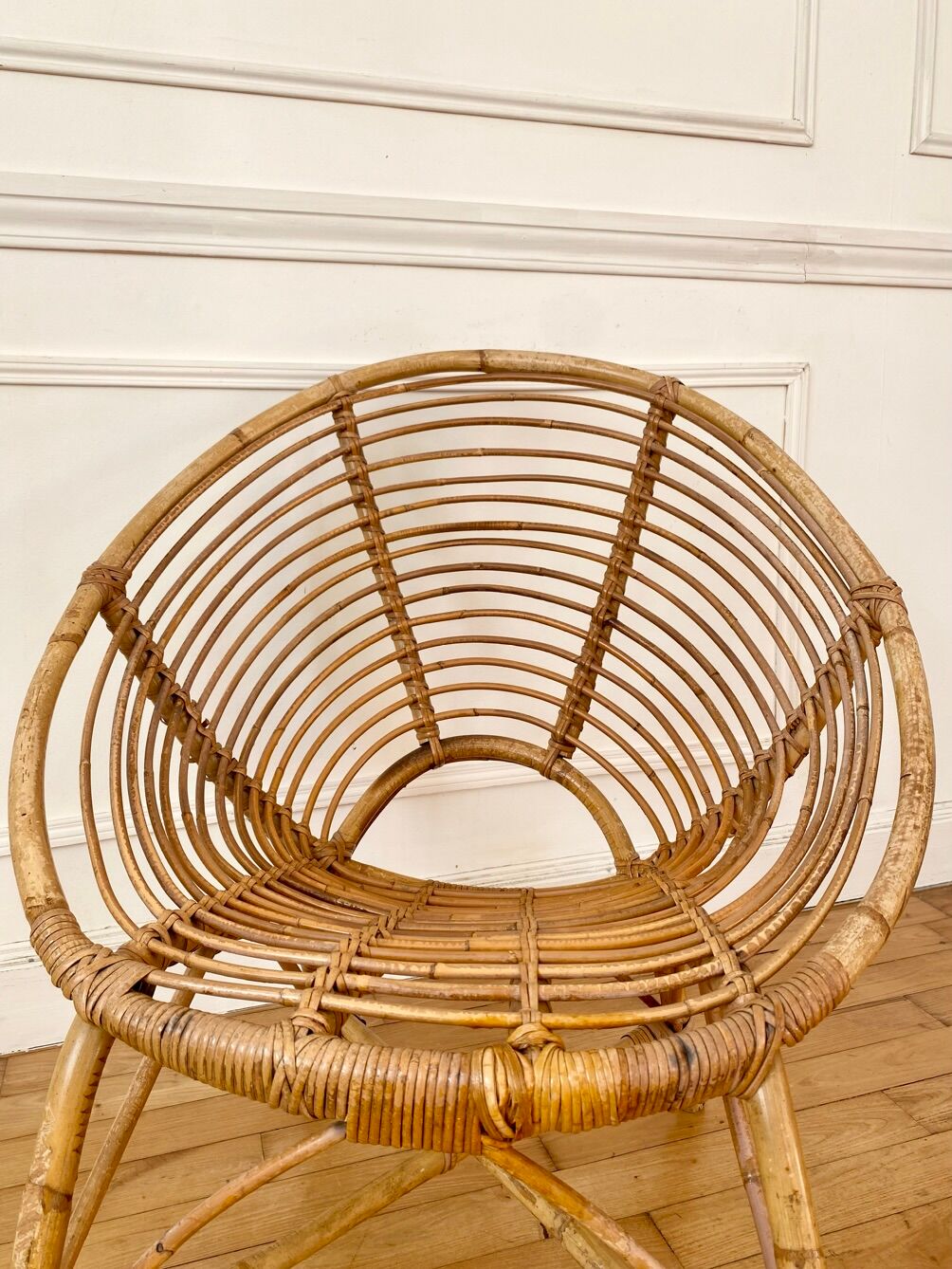 Vintage rattan spiral basket armchair