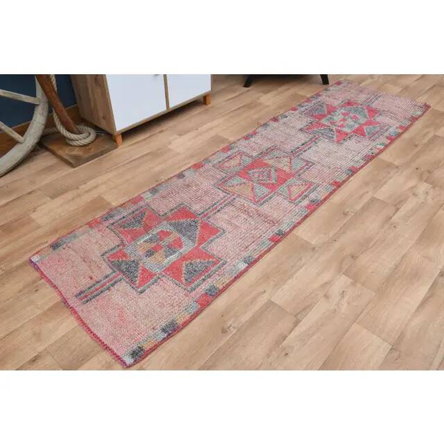 Pink Red Vintage Oushak Wool Turkish Runner Rug 83x305