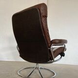 Vintage brown leather reclining lounge chair Ekornes Stressless & stool, 1960s
