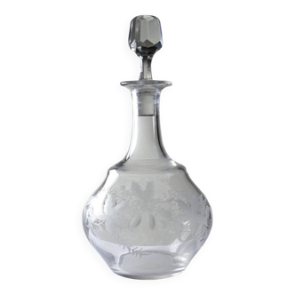 Antique engraved crystal carafe, floral decoration, Bohemia 19th-20th century.