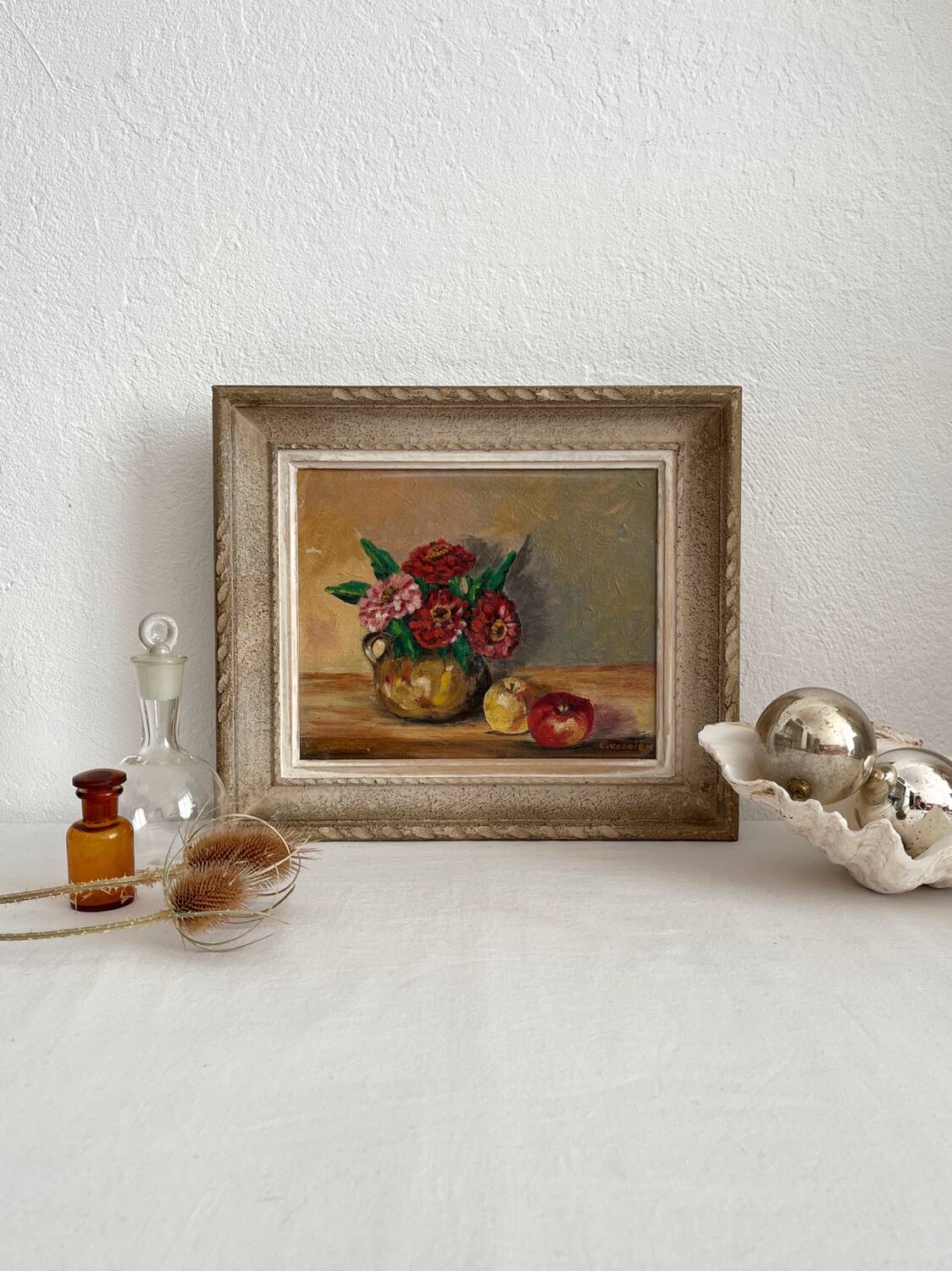 Antique oil painting on canvas with flowers and apples